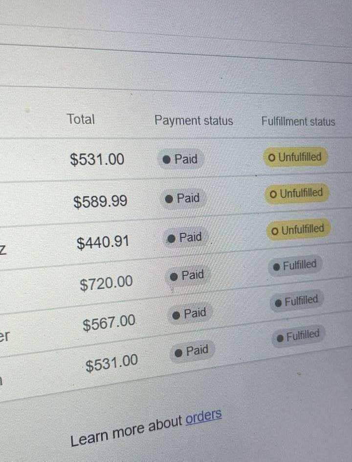 Order table screenshot
